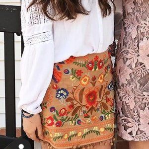 Umgee embroidered western pom pom skirt
